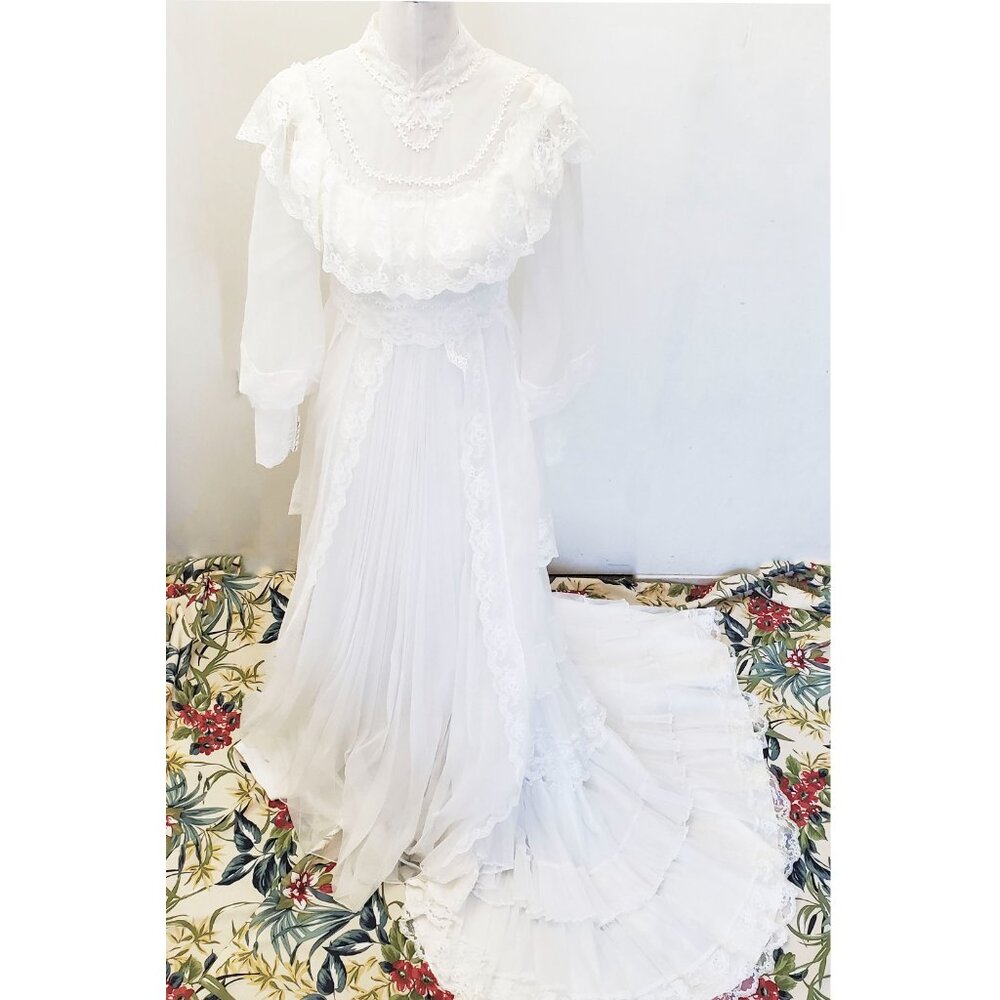 Alfred Angelo Vintage 70s Wedding Dress Lace Prairie Cottagecore Boho Train - Picture 12 of 14
